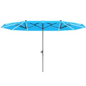 15ft Double-Sided Outdoor Umbrella With Solar Lights, Extra Large Aluminum Patio Umbrella With Crank, Blue (Option: BLUE)